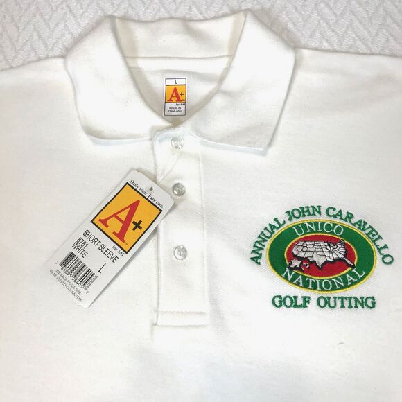 Golf Outing Mens Golf Polo Shirt Size L White NWT Garfield UNICO NJ Italy A+ - Picture 1 of 8